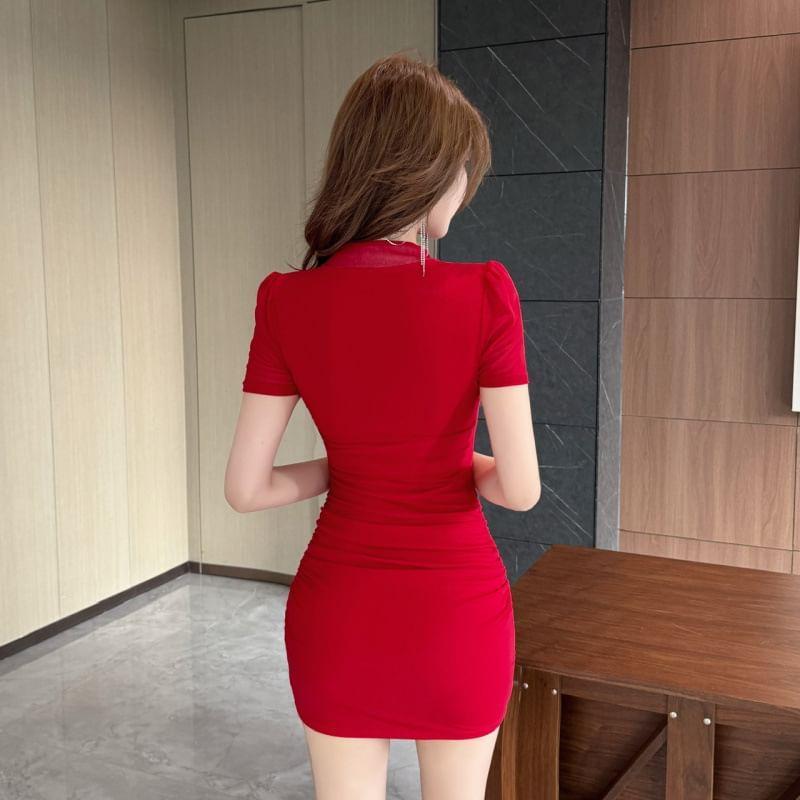 Short Sleeve Mandarin Collar Plain Cutout Panel Mesh Mini Sheath Dress Product Image