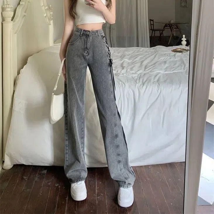 High Waist Lace-Up Wide Leg Jeans Product Image