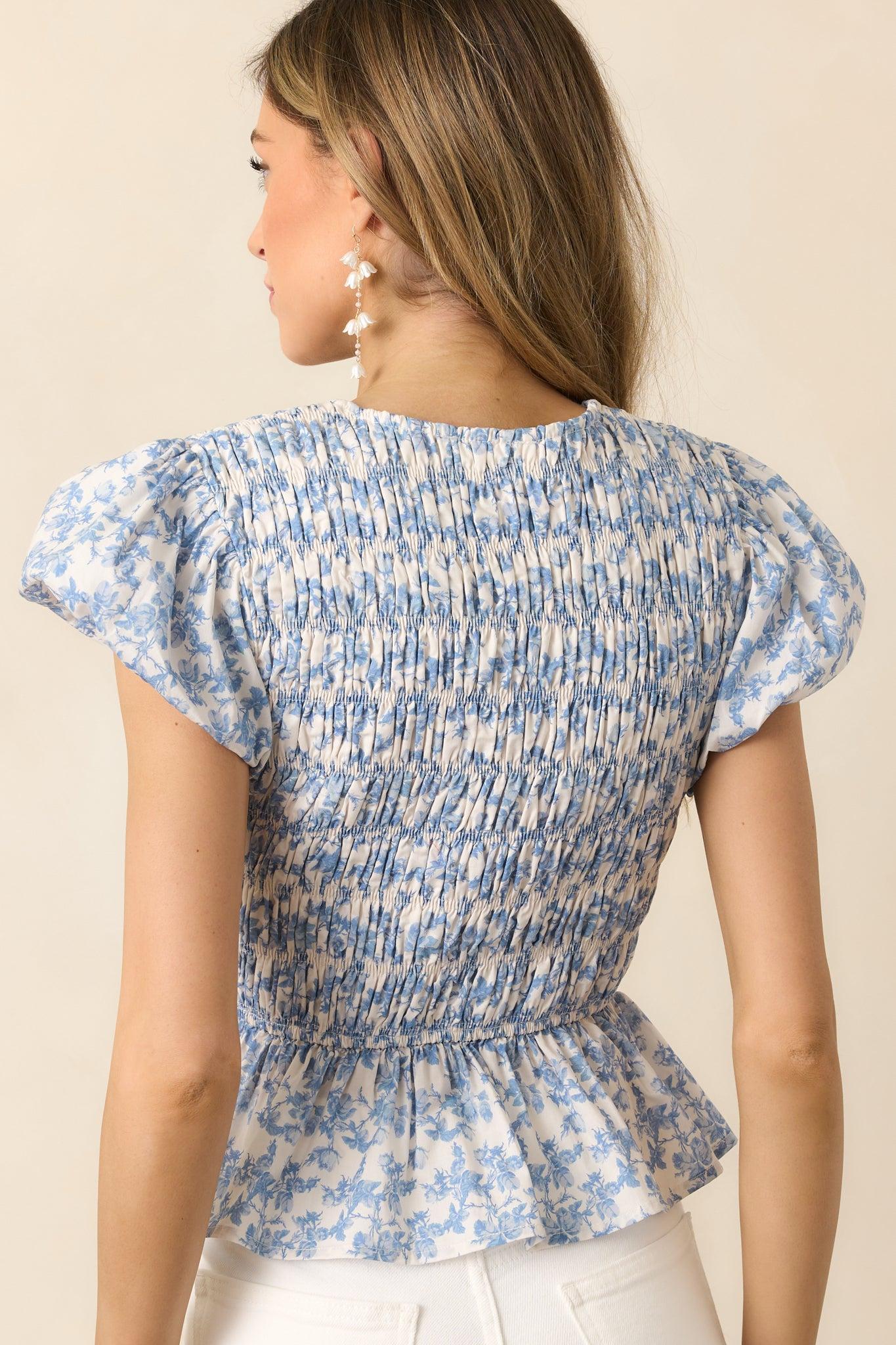 Wildflower Valley Light Blue Floral Cotton Puff Sleeve Top Product Image