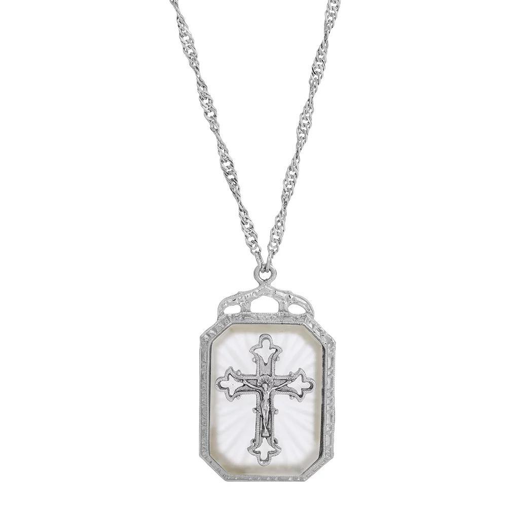 Symbols of Faith Silver-Tone Frosted Stone with Crystal Cross Large Pendant Necklace, Womens, White Product Image
