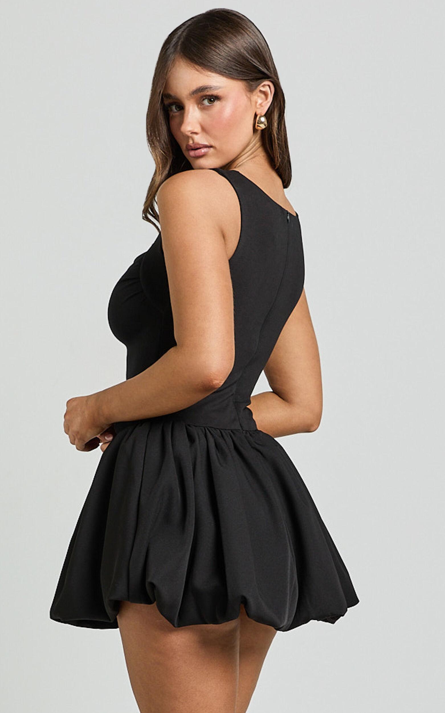 Bridgette Mini Dress - Straight Neck Sleeveless Bubble Hem Dress in Black Product Image