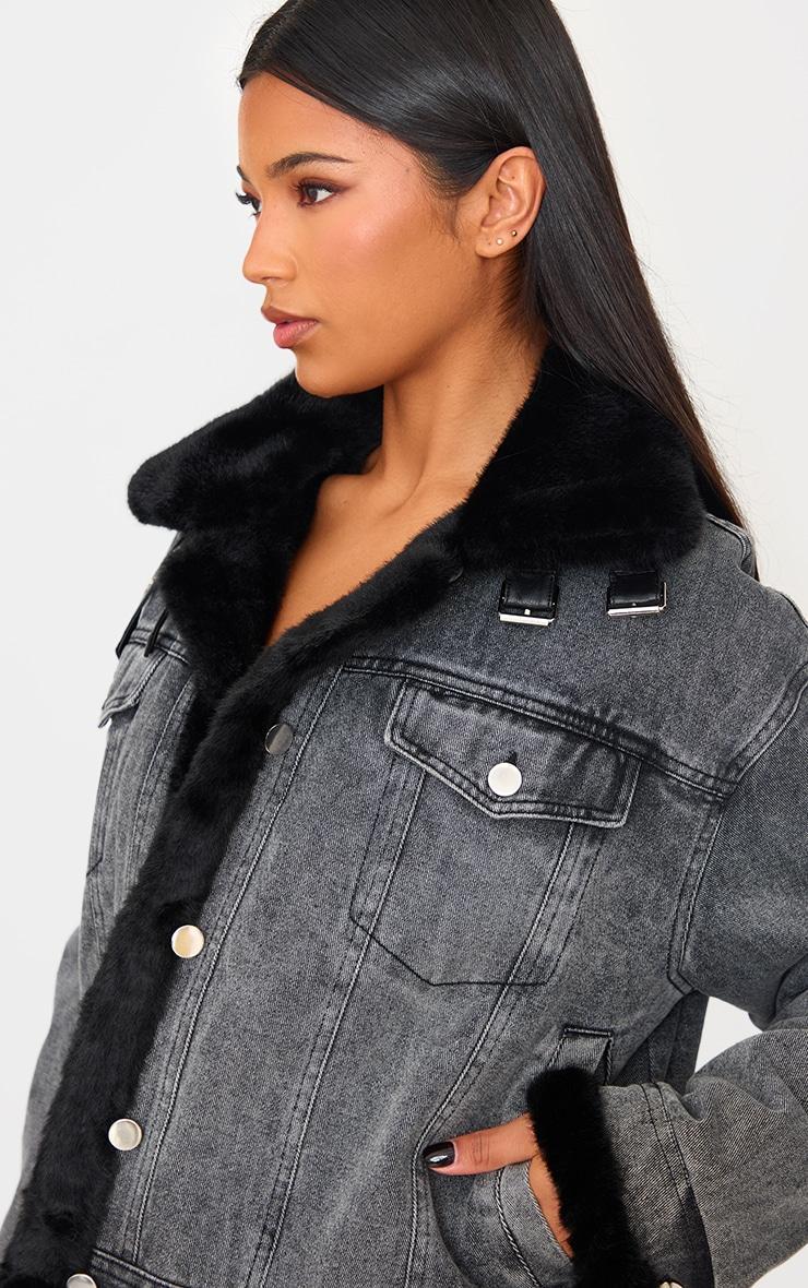 Grey Soft Faux Fur Aviator Style Denim Jacket Product Image