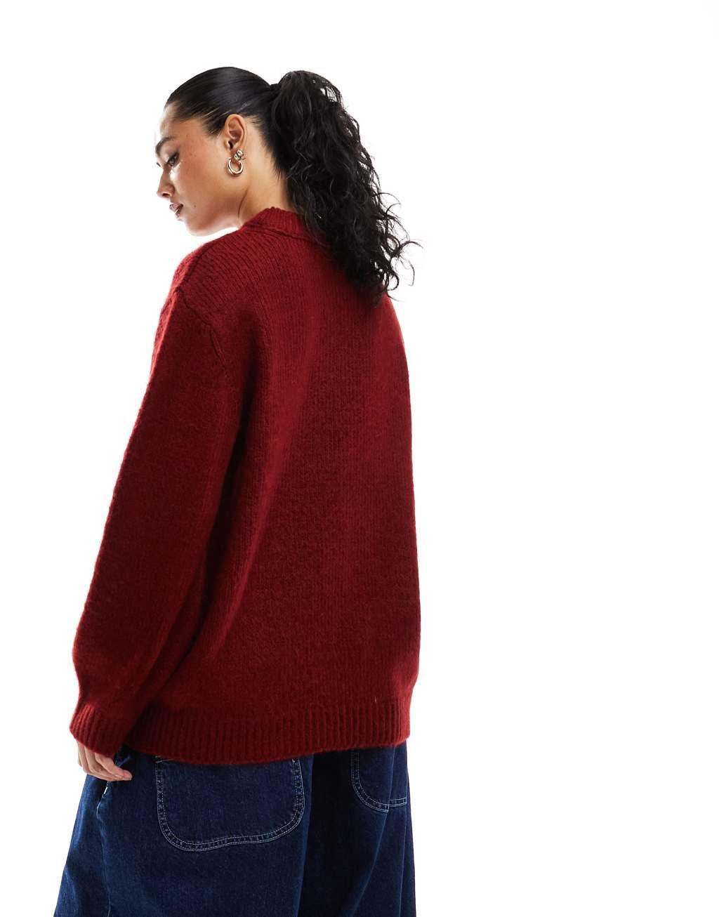 ASOS DESIGN oversized crew neck sweater in burgundy Product Image