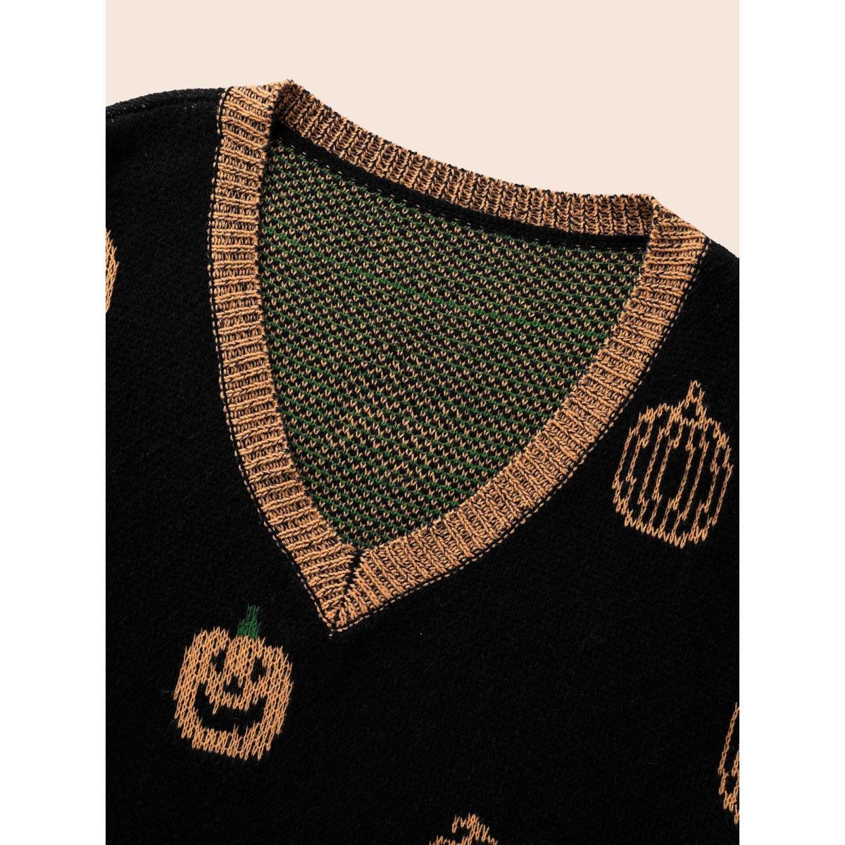 Plus Size Pumpkin Patch Contrasting Color Hemline Pullover Black Women Casual Loose Long Sleeve V-neck Everyday Pullovers BloomChic 18-20/2X Product Image