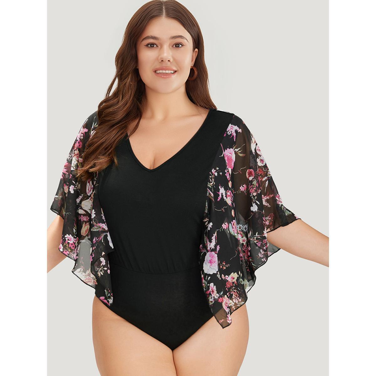 Plus Size Floral Print Patchwork Mesh Asymmetrical Sleeve Bodysuit Women Black Ditsy Floral Printed Bodysuits BloomChic 18-20/2X Product Image
