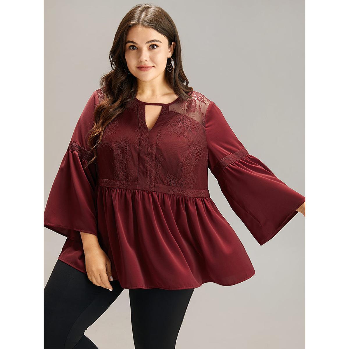 Plus Size Burgundy Anti-Wrinkle Keyhole Crochet Lace Mesh Ruffles Blouse Women Elegant Long Sleeve Keyhole Cut-Out Dailywear Blouses BloomChic 30/6X Product Image
