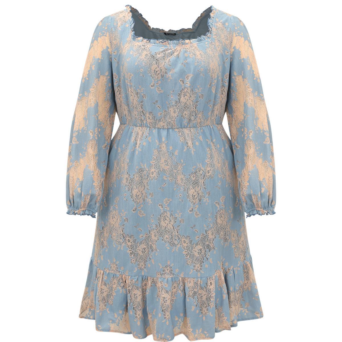Plus Size Contrast Lace Panel Frill Trim Lantern Sleeve Dress Aegean Women Vacation Elastic cuffs Square Neck Long Sleeve Curvy Midi Dress BloomChic 28/5X Product Image