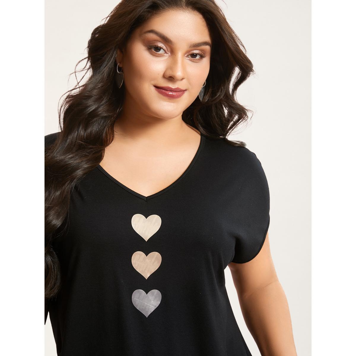 Plus Size Heart Print Stretchy Dolman Sleeve T-Shirt Black Women Casual Non V-neck Everyday T-shirts BloomChic 10/M Product Image