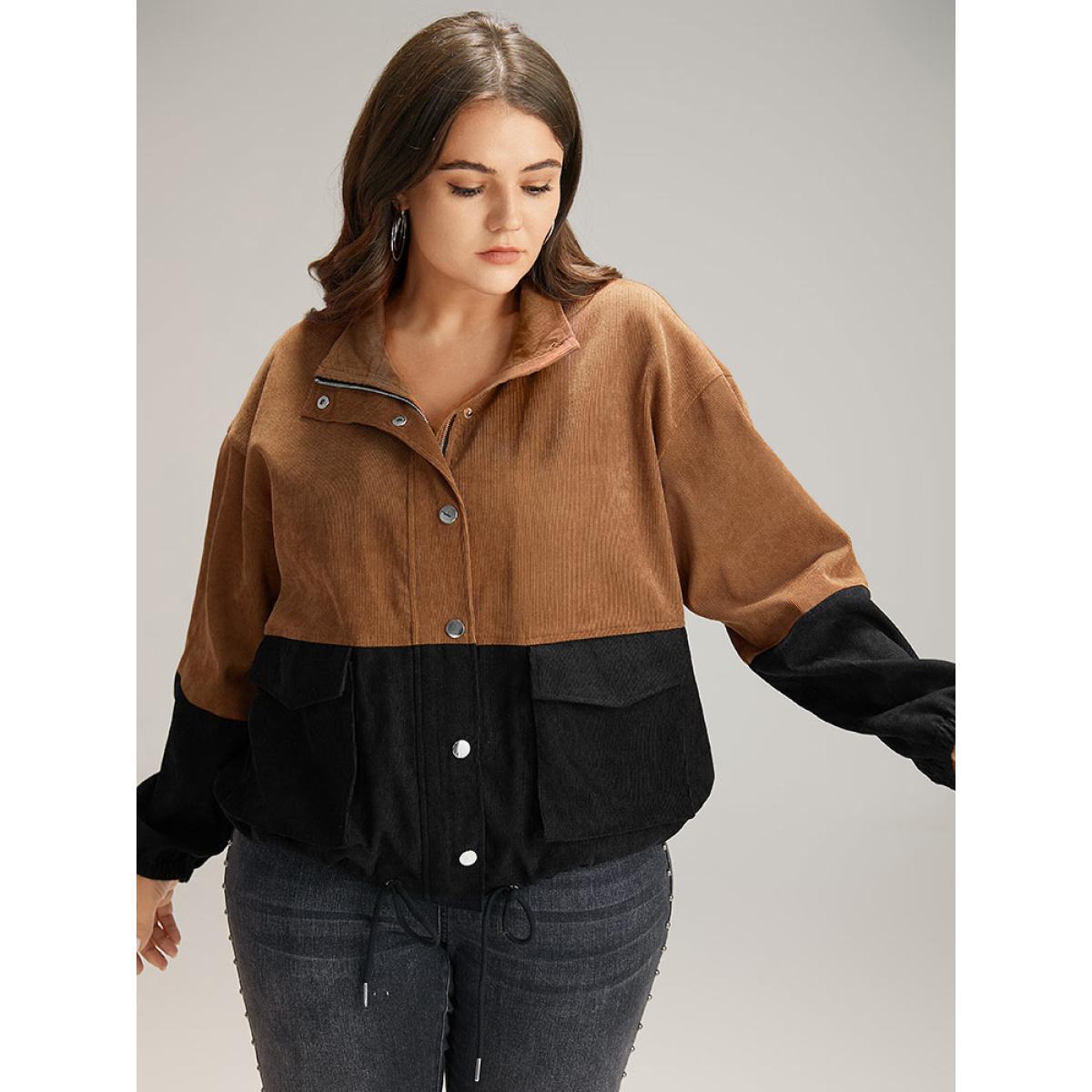 Plus Size Two Tone Zipper Pocket Button Up Jacket Women Black Elastic cuffs Pocket Dailywear Jackets BloomChic 14-16/1X Product Image