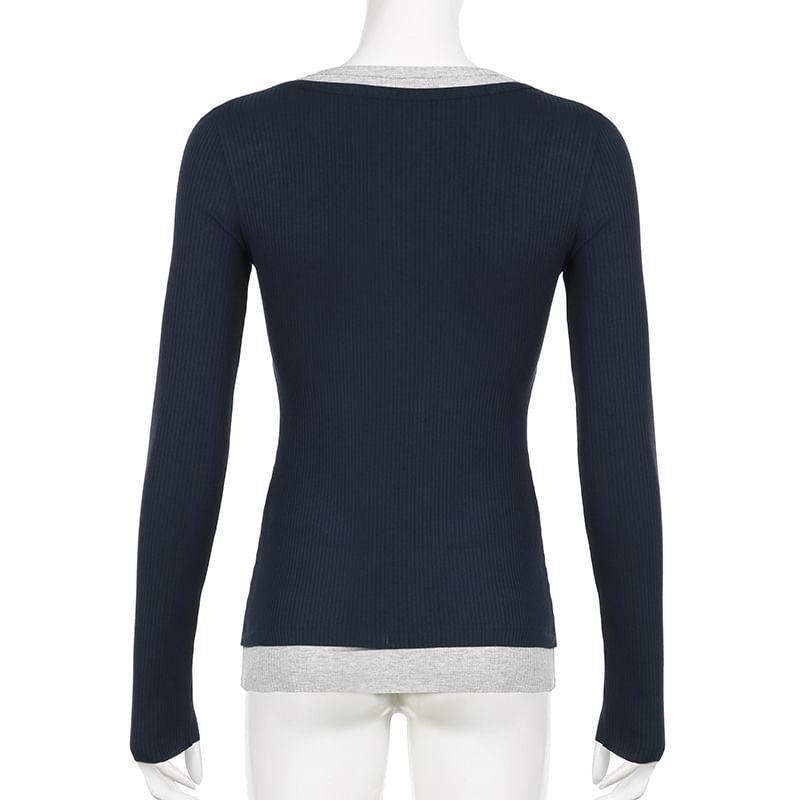 Long Sleeve V-Neck Mock Two Piece Tee Product Image
