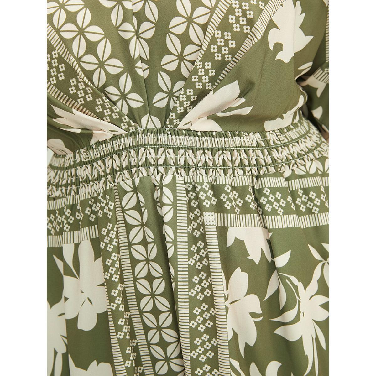 Plus Size Floral Print Ruffles V Neck Shirred Pocket Split Hem Dress Mint Women Vacation Pocket V-neck Short sleeve Curvy Midi Dress BloomChic 12/L Product Image