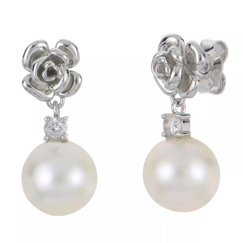 PearLustre by Imperial Sterling Silver Freshwater Cultured Pearl & Lab-Created White Sapphire Rosette Drop Earrings, Womens Product Image