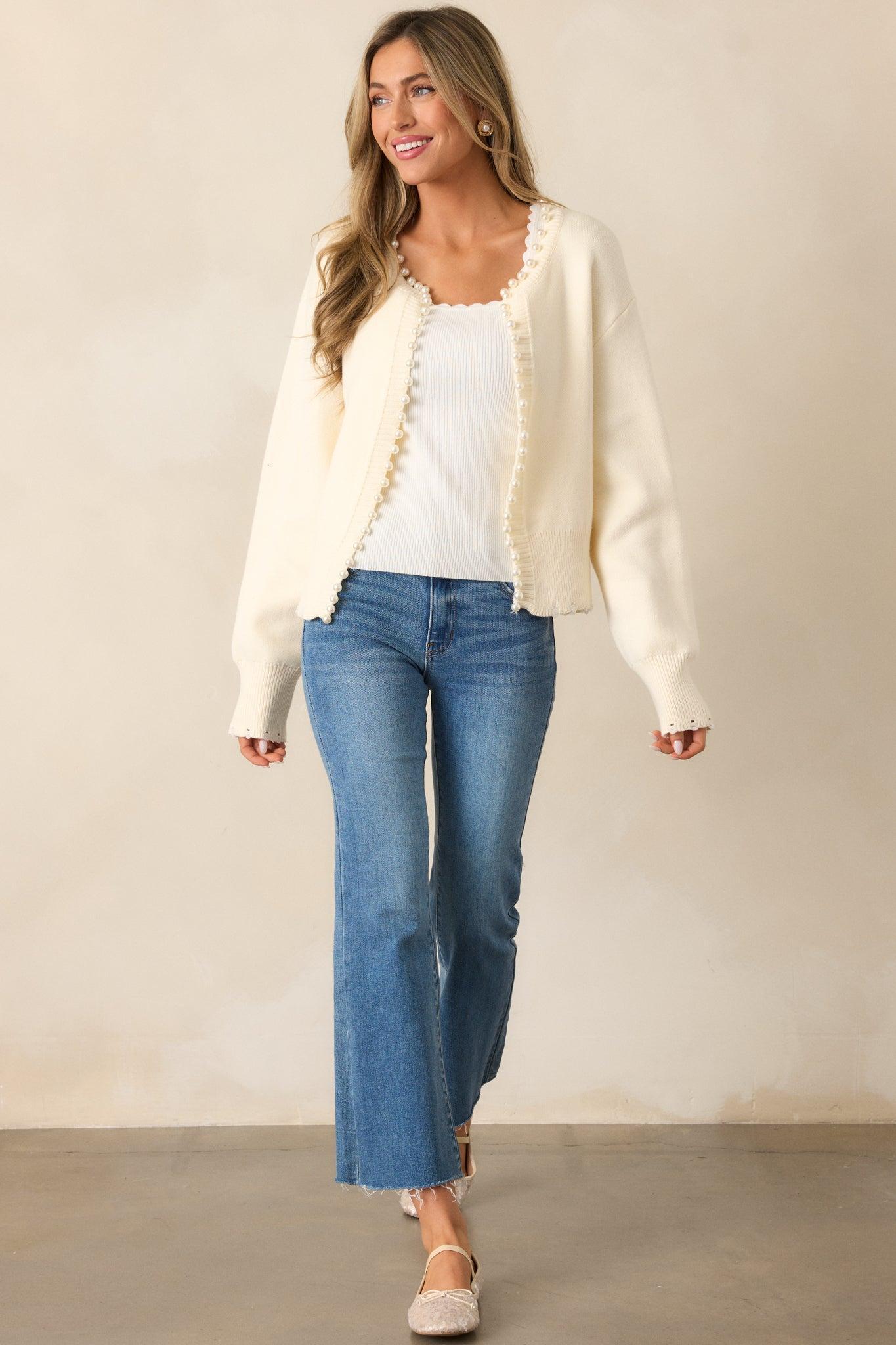 Morning Breeze Ivory Pearl Trim Cardigan Product Image