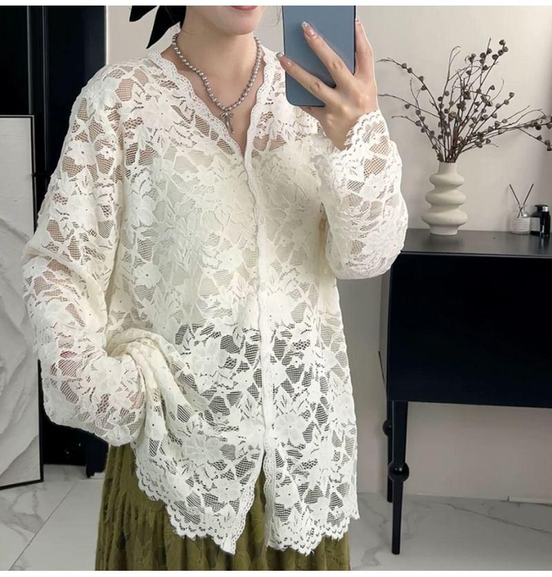 Long-Sleeve V-Neck Floral Lace Button Top Product Image