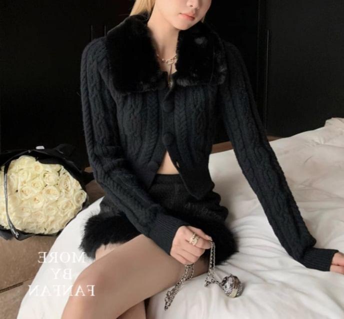 Long Sleeve Detachable Faux Fur Collar Plain Cable-Knit Slim-Fit Cardigan Product Image