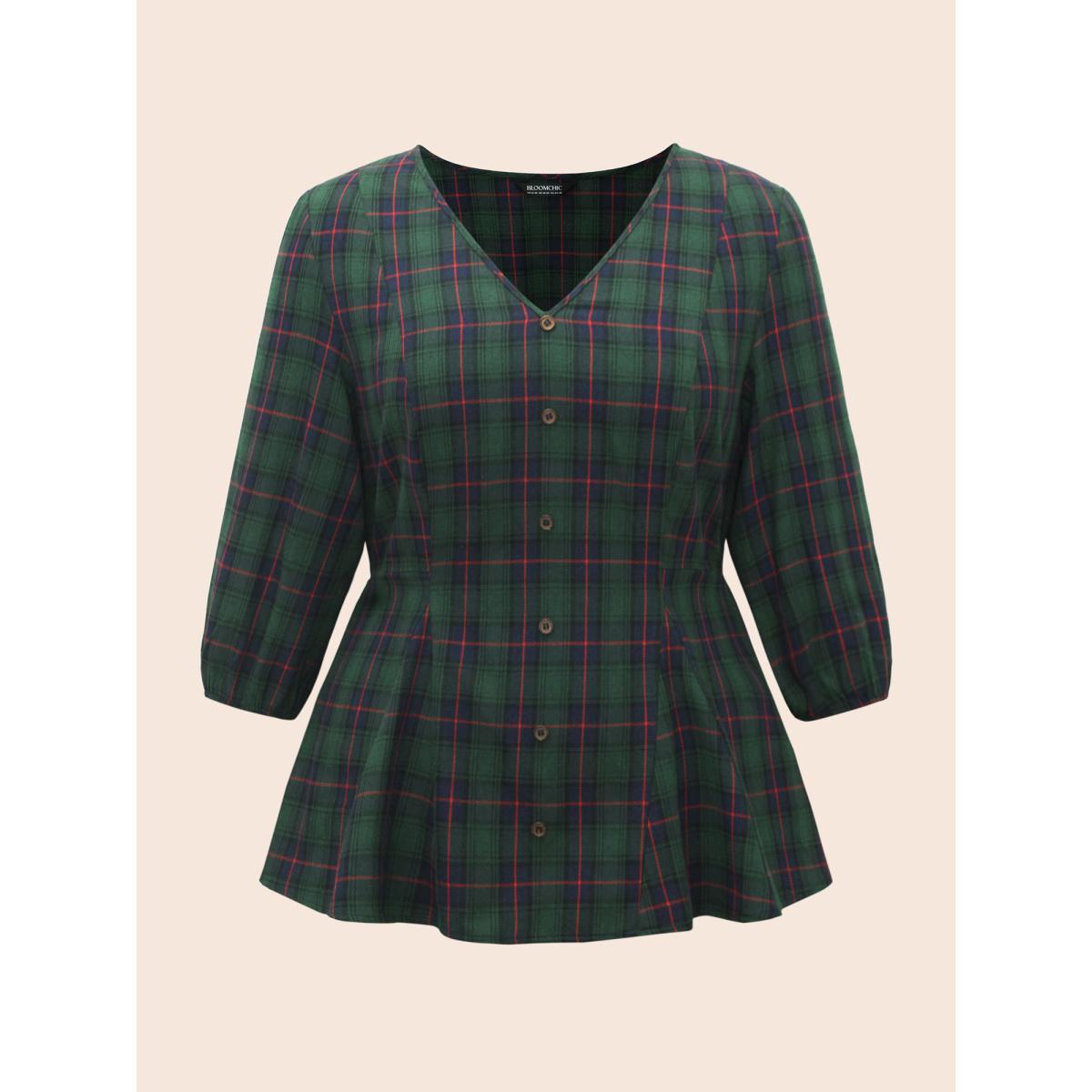 Plus Size DarkGreen Plaid Button Detail Lantern Sleeve Blouse Women Elegant Elbow-length sleeve V-neck Everyday Blouses BloomChic 18-20/2X Product Image