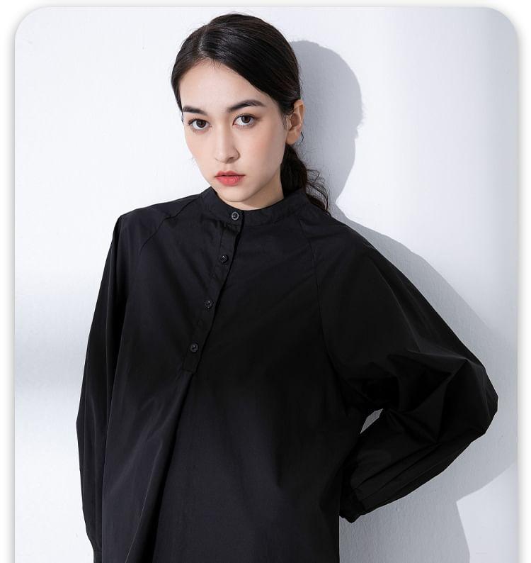 Long-Sleeve Stand Collar Plain Half-Buttoned Tunic Dress Product Image