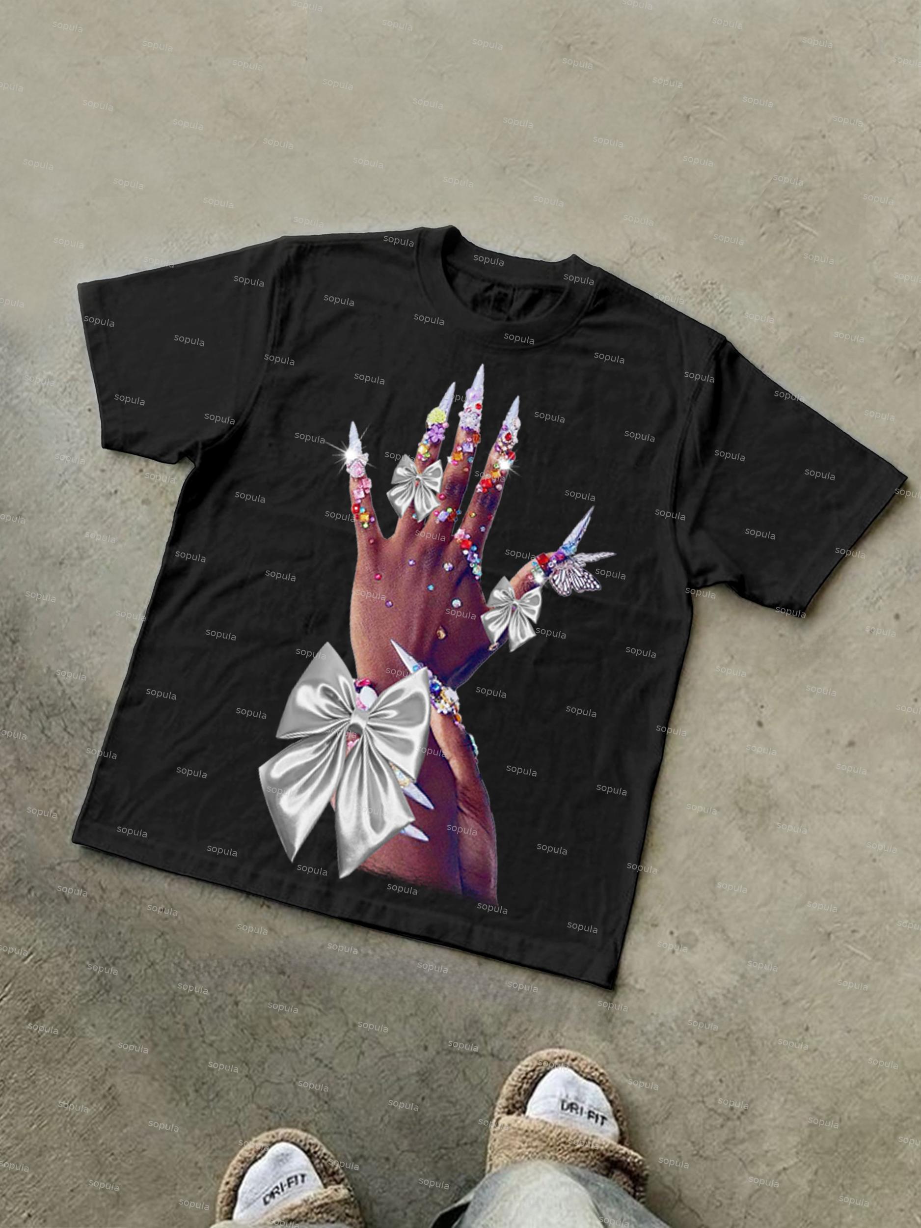 Diamond Decorated Hands Print Cotton T-shirt Product Image