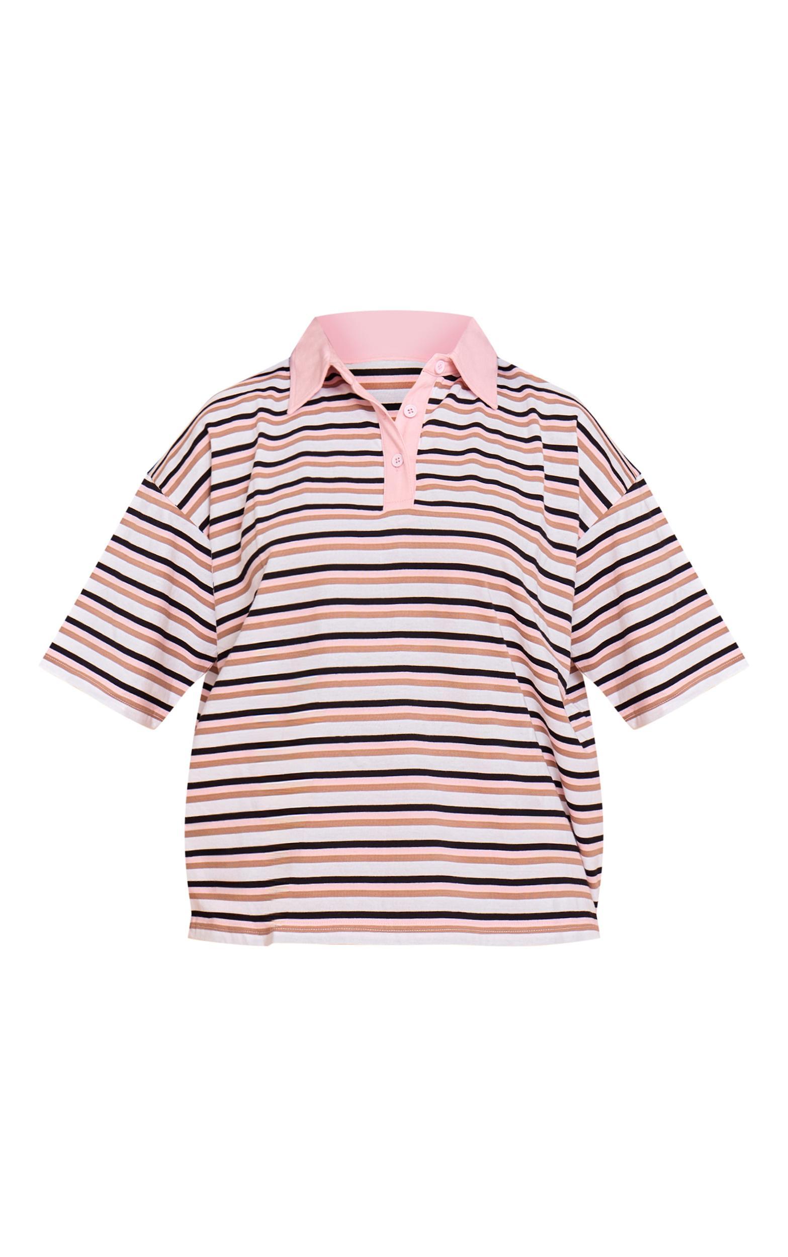 Pink Striped Oversized Collared T-shirt Product Image