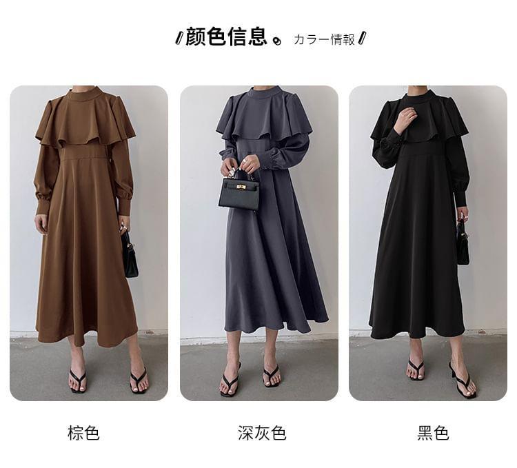 Puff-Sleeve Mock Neck Plain Maxi A-Line Dress Product Image