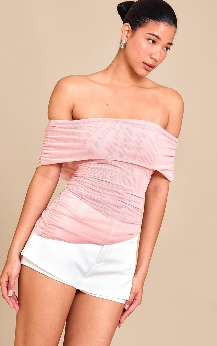 Pale Rose Mesh Foldover Ruched Bandeau Top Product Image