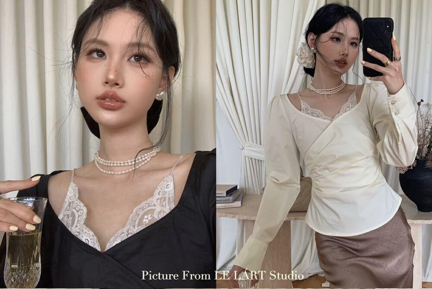 Mock Two-Piece Long-Sleeve Lace Panel Slim Fit T-Shirt Product Image