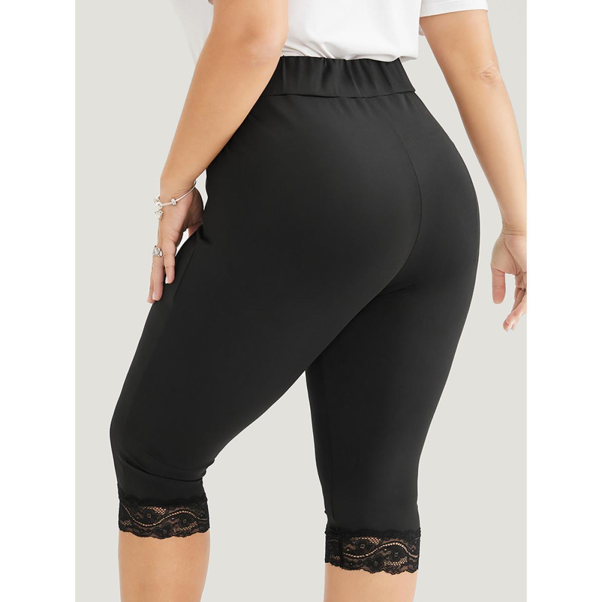 Plus Size Skinny V Waist Lace Hem Leggings Women Black Elegant High stretch Skinny Mid Rise Dailywear Leggings BloomChic 12/L Product Image
