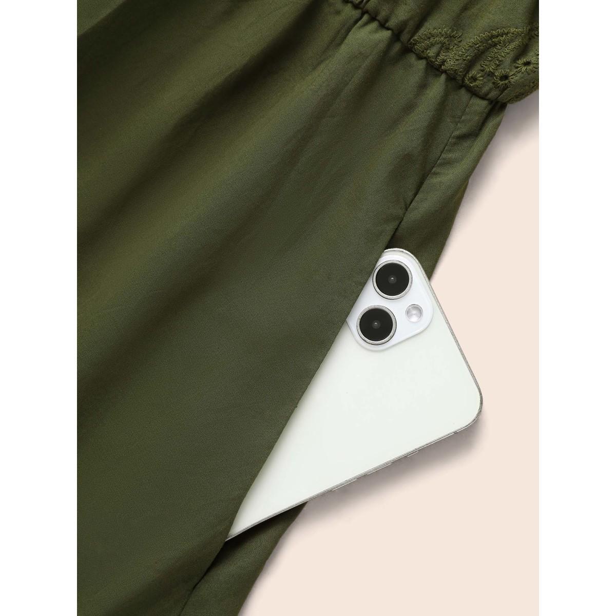 Plus Size Notched Broderie Anglaise Button Detail Dress ArmyGreen Women Elegant Button Notched collar Long Sleeve Curvy BloomChic 14-16/1X Product Image