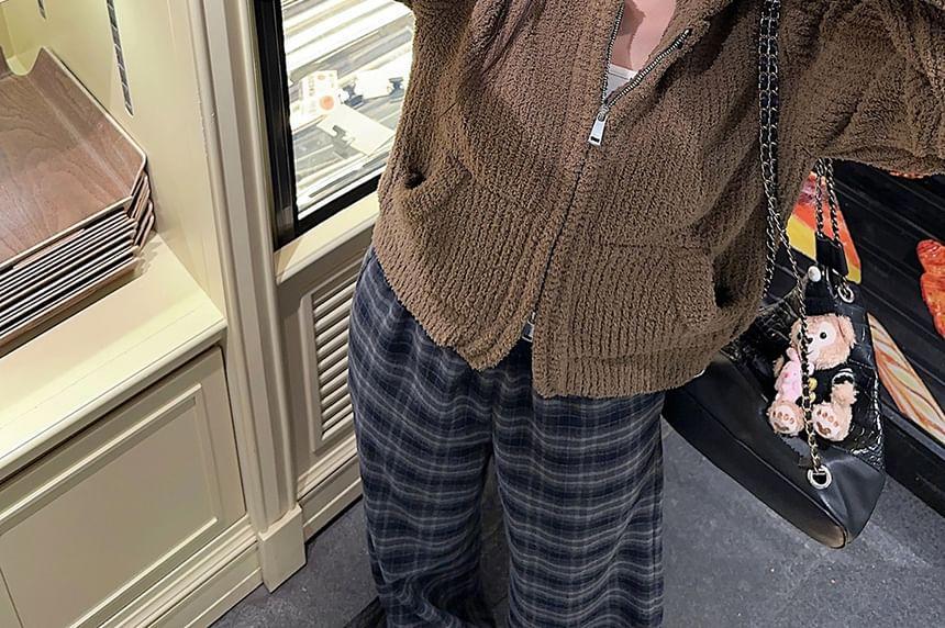 Plain Hooded Zip Jacket / High Waist Plaid Wide Leg Pants Product Image