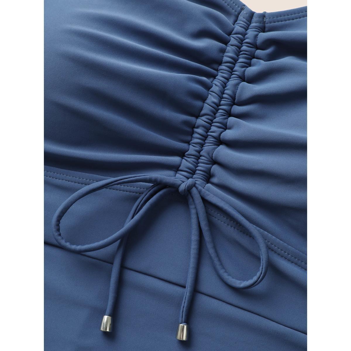 Plus Size Plain V Neck Drawstring Gathered One Piece Swimsuit Women's Swimwear Mediumblue Beach Gathered Curve Bathing Suits High stretch One Pieces BloomChic 22-24/3X Product Image