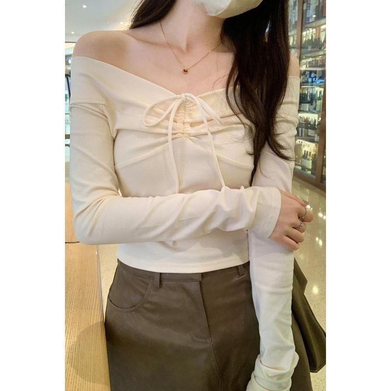 Long Sleeve Off-Shoulder Plain Drawstring Slim-Fit Crop Top Product Image
