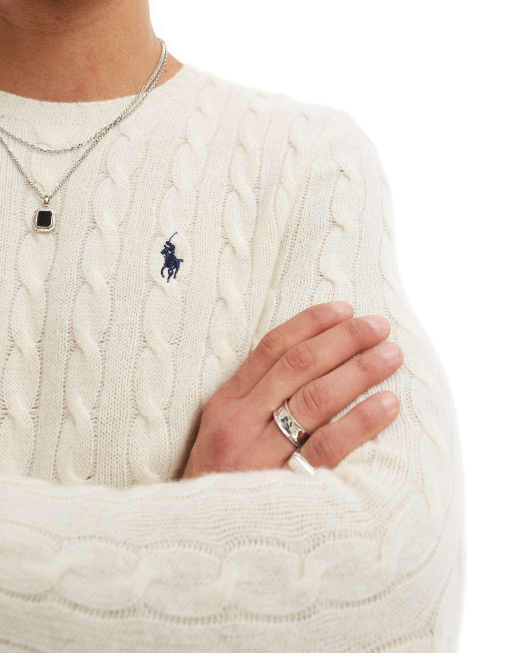 Polo Ralph Lauren icon logo wool cable knit sweater in cream Product Image