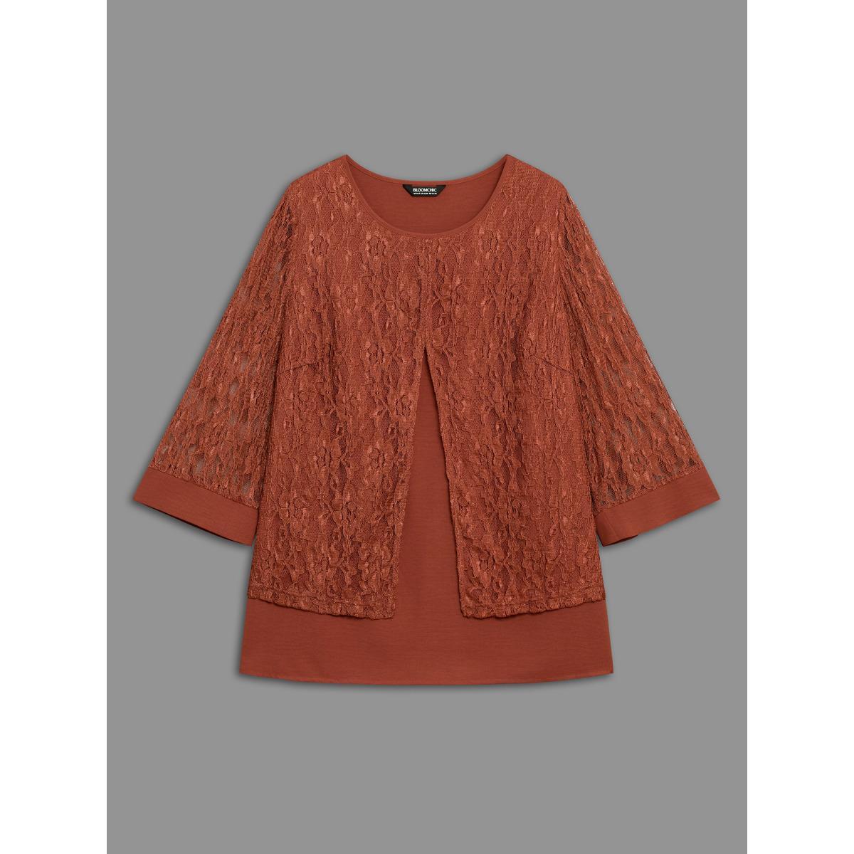 Plus Size Rust Sheer Lace Sleeve Open-Front Design Blouse Women Elegant Elbow-length sleeve Round Neck Everyday Blouses BloomChic 28/5X Product Image
