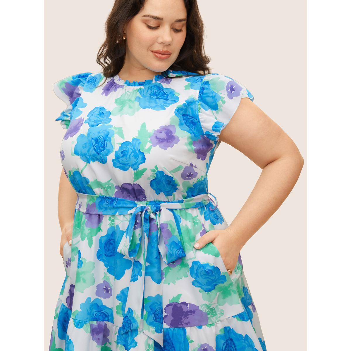 Plus Size Floral Gathered Ruffle Cap Sleeve Belted Dress White Women Elegant Belted Round Neck Cap Sleeve Curvy BloomChic 28/5X Product Image