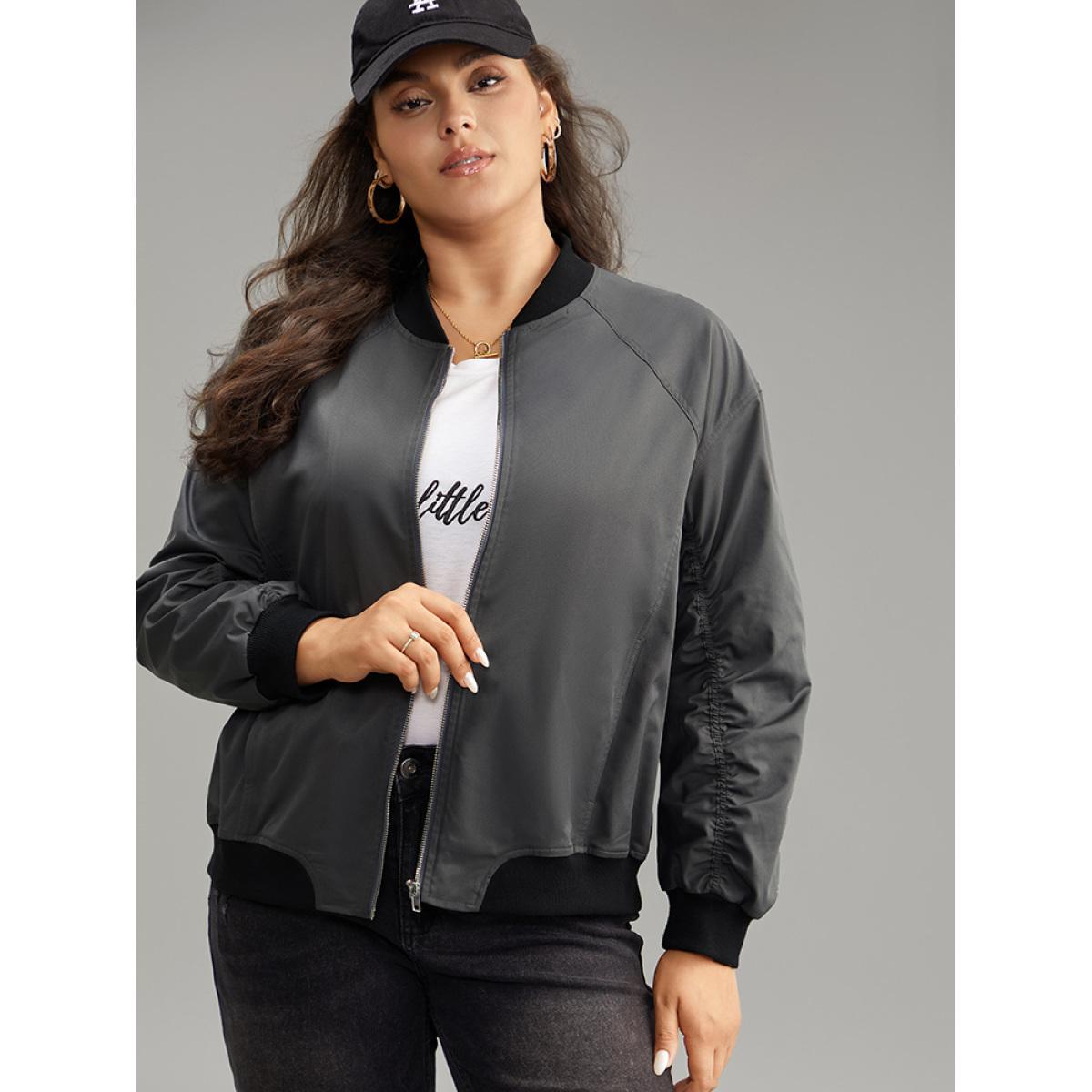 Plus Size Plain Pocket Patchwork Zipper Bomber Jacket Women DimGray Elastic cuffs Pocket Everyday Jackets BloomChic 14-16/1X Product Image