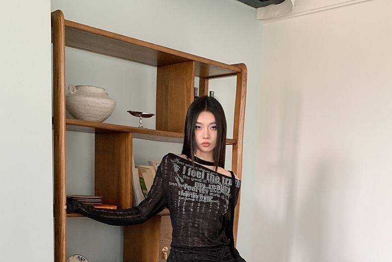 Long Sleeve Cold-Shoulder Lettering Print Drawstring Slim-Fit Knit Top Product Image