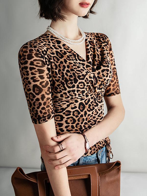 Half Sleeves Skinny Leopard Pleated V-Neck T-Shirts Tops Product Image