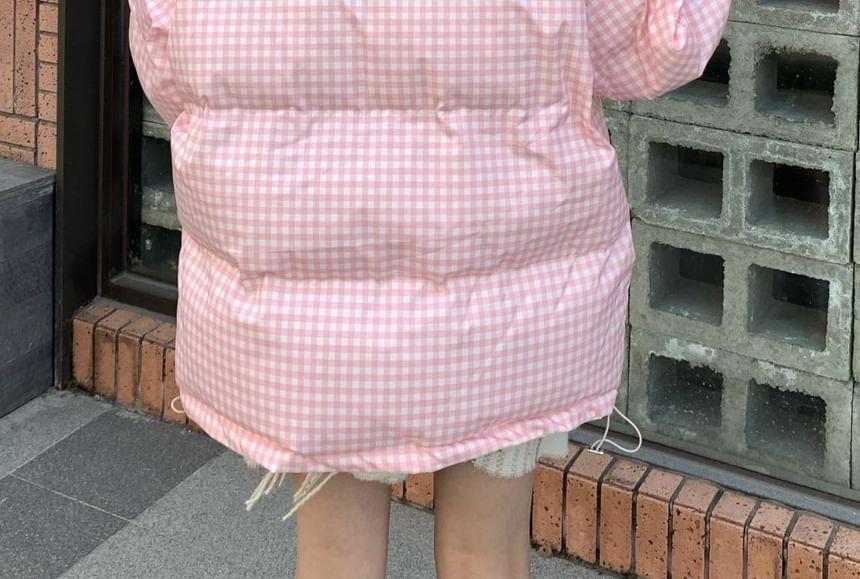 Cartoon Print Plaid Panel Hooded Padded Zip Jacket Product Image