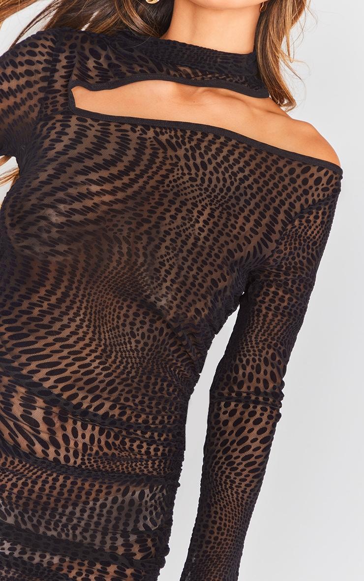 Black Flocked Mesh High Neck Cut Out Ruched Bodycon Dress Product Image