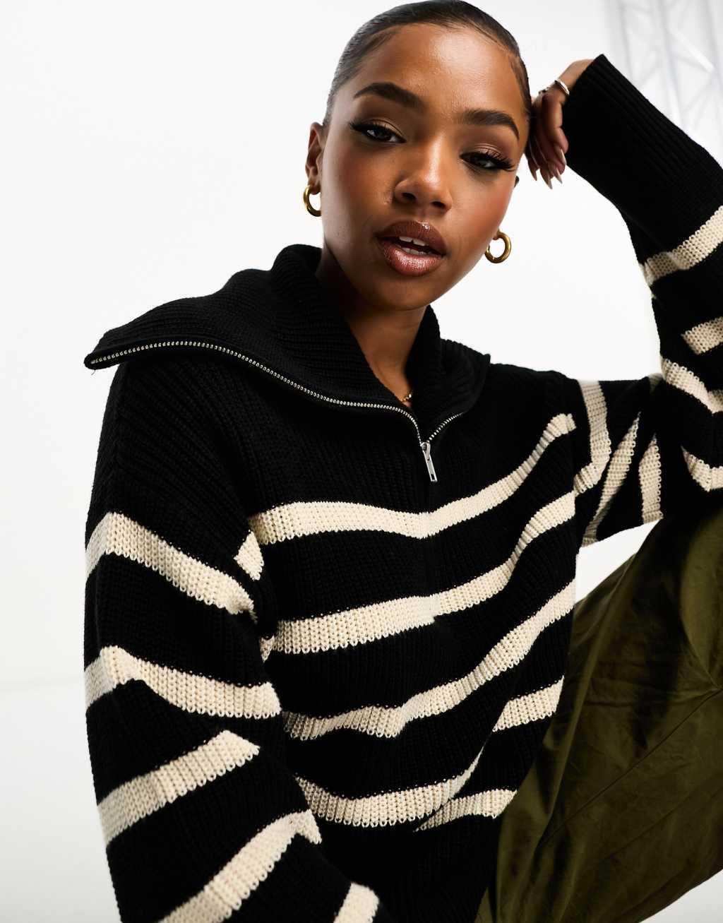 Monki high zip neck knit sweater in black and white stripe Product Image