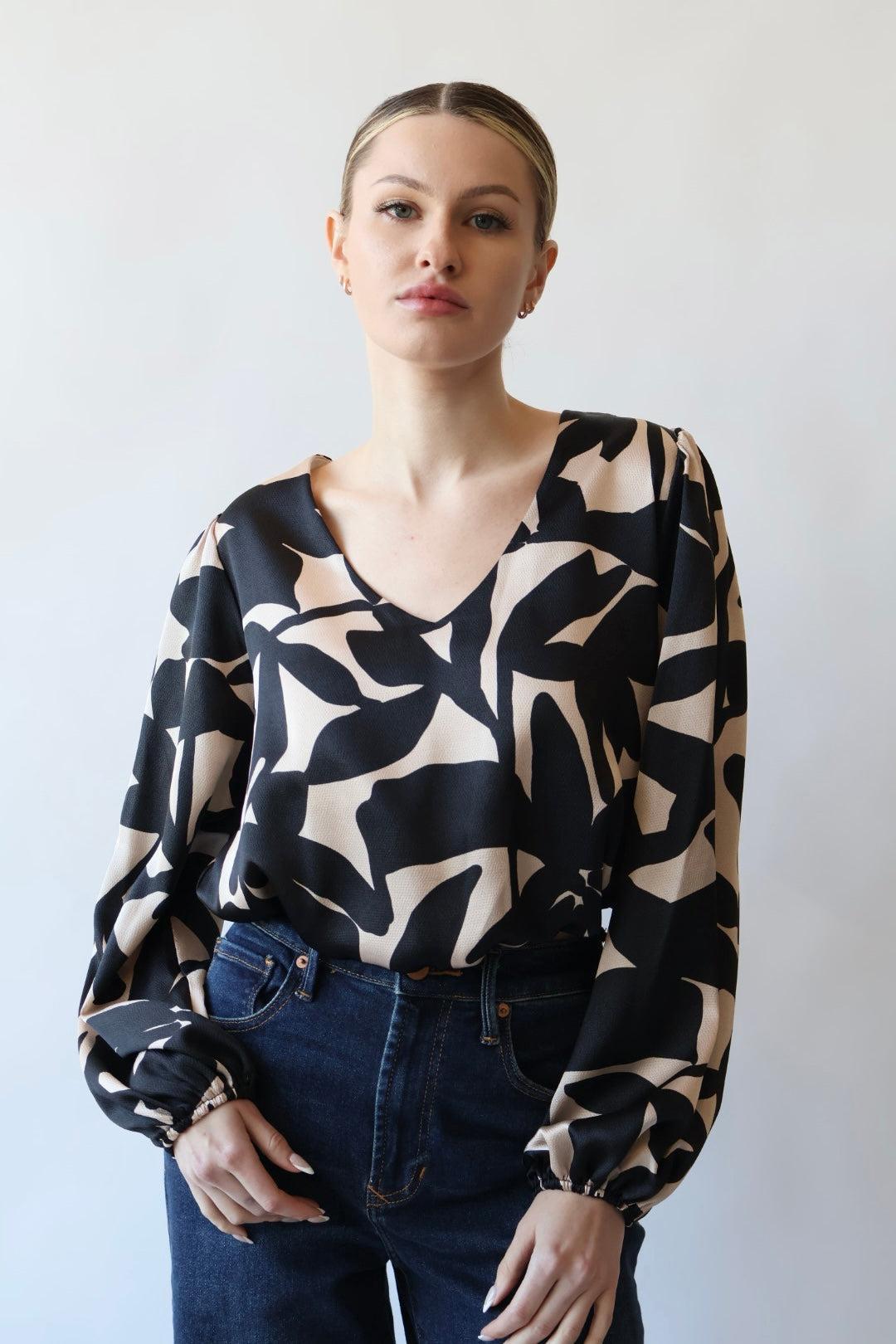 Print V Neck Bubble Hem Blouse Product Image