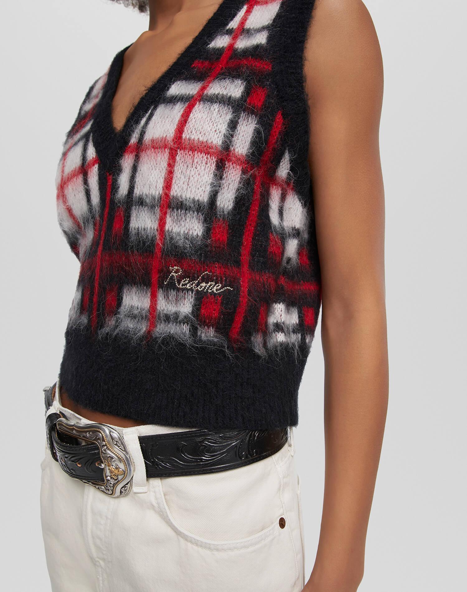 Tartan V Neck Vest - Black/Red/White Product Image