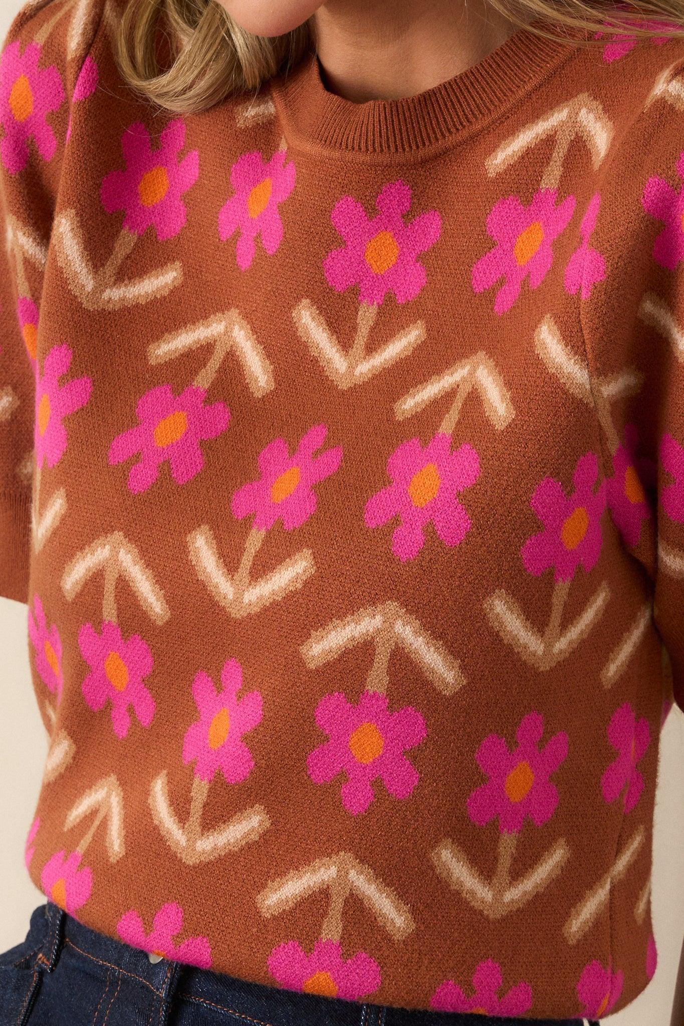 Blooming Breezes Cinnamon Floral Short Sleeve Sweater Product Image