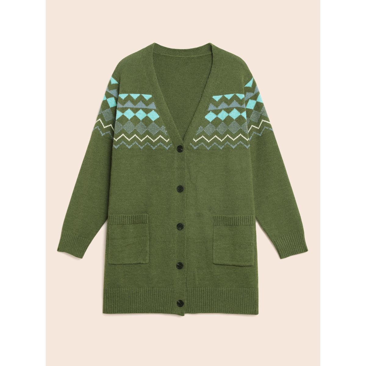 Plus Size Bandana Geometric Patch Pocket Cardigan Moss Women Casual Loose Long Sleeve Everyday Cardigans BloomChic 26/4X Product Image