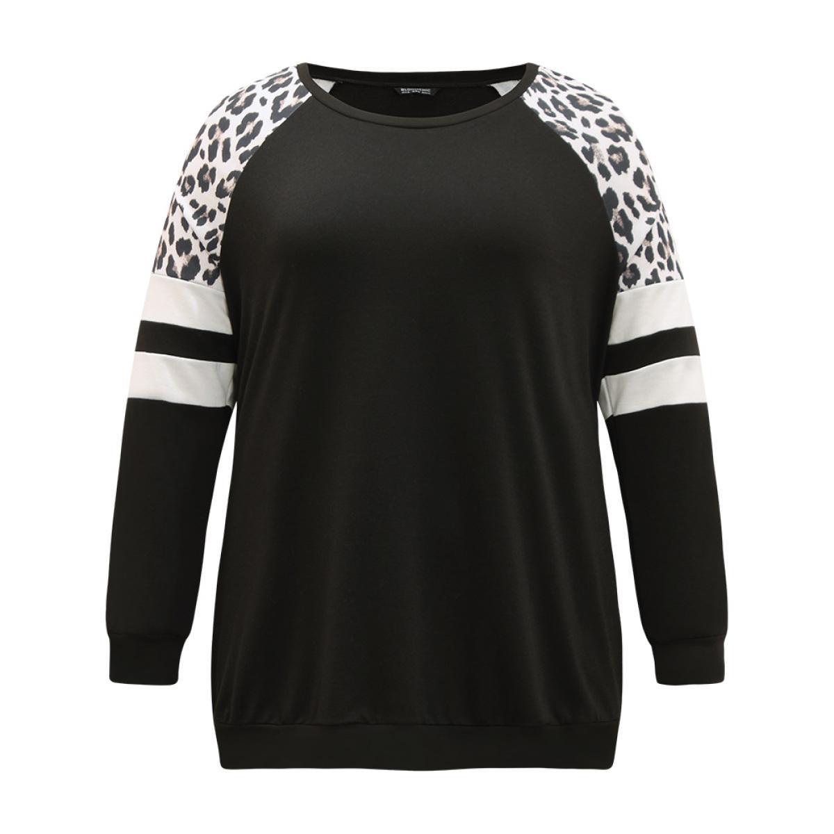 Plus Size Leopard Striped Patchwork Raglan Sleeve Sweatshirt Women Black Casual Contrast Round Neck Dailywear Sweatshirts BloomChic 14-16/1X Product Image