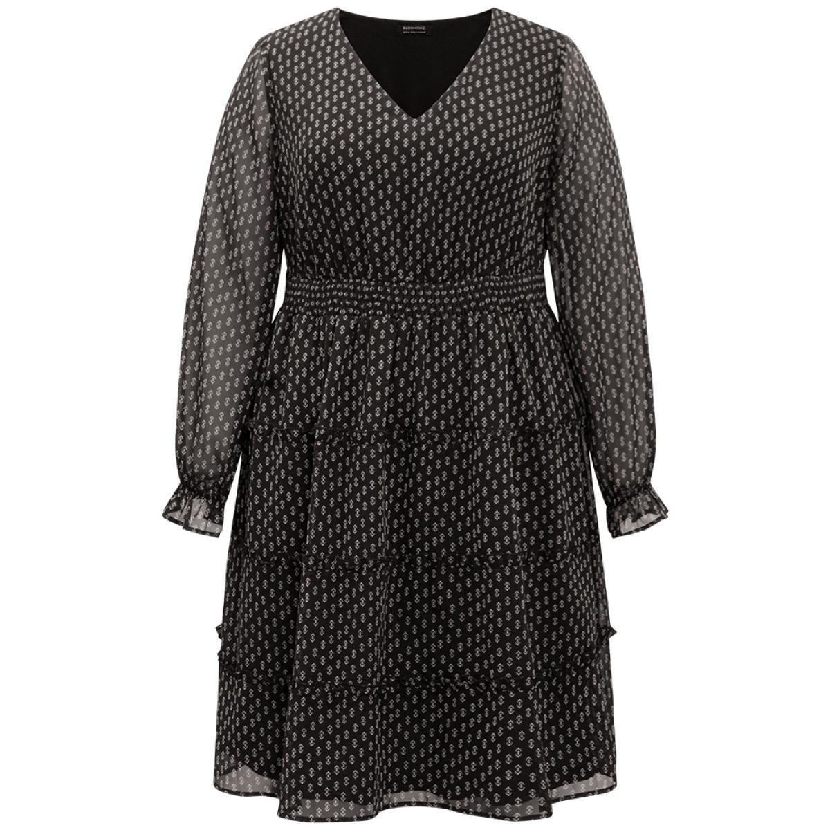 Plus Size Geometric Shirred Mesh Frill Trim Dress BlackFlower Women At the Office See through V-neck Long Sleeve Curvy Midi Dress BloomChic 12/L Product Image