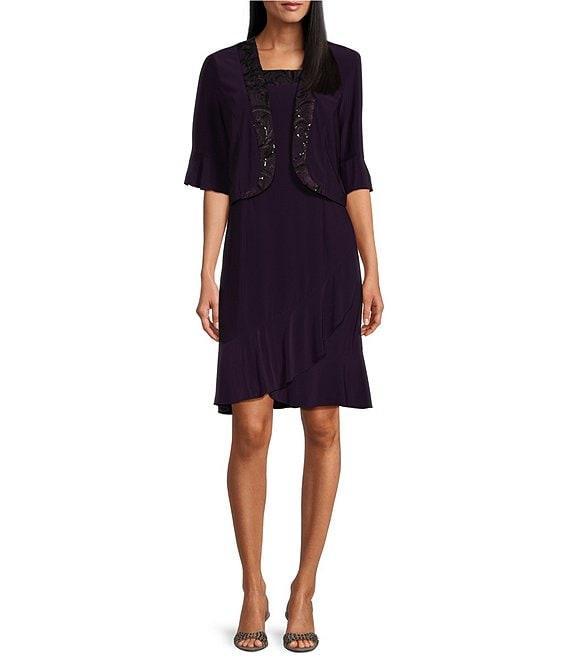 Le Bos Sequin Trim Crew Neck 3/4 Bell Sleeve Ruffle Tiered 2-Piece Jacket Dress Product Image