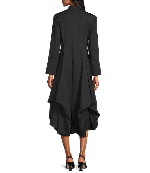 M Made in Italy Stand Collar Split V-Neck Long Sleeve Gathered Midi Dress Product Image