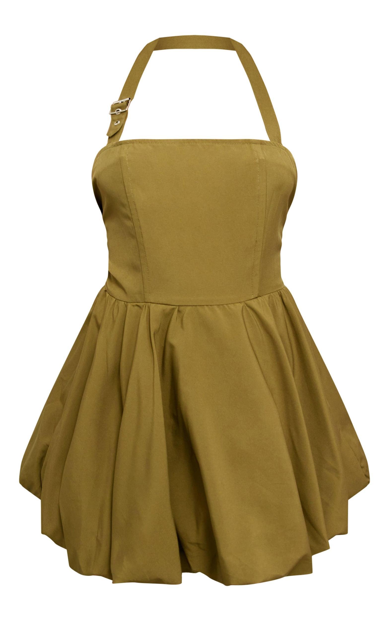 Khaki Buckle Detail Halterneck Puffball Mini Dress Product Image