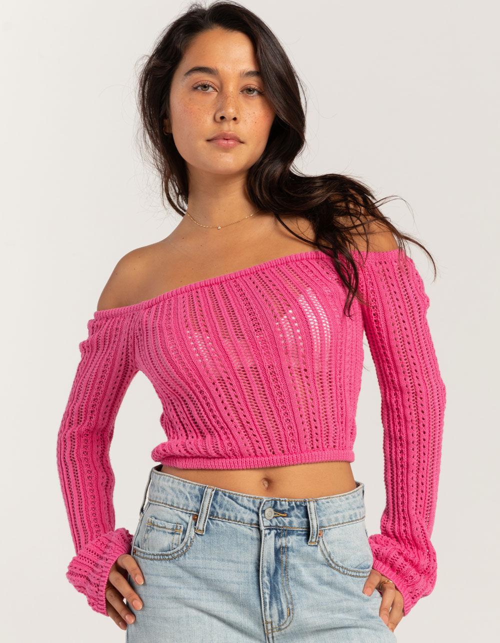 RSQ Womens Linear Stitch Off The Shoulder Sweater - PINK Product Image